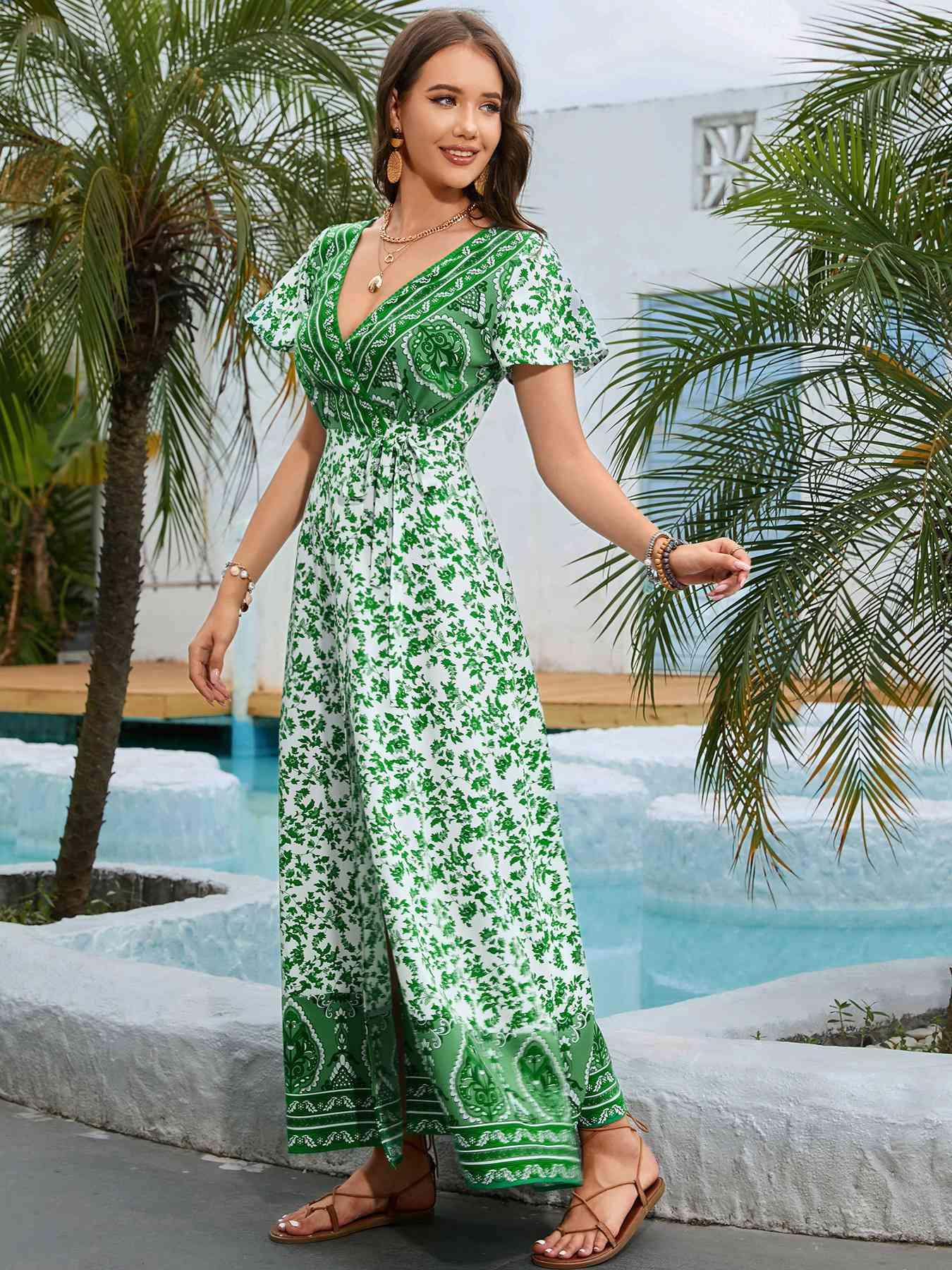 Bohemian Surplice Neck Split Maxi Dress - Immenzive
