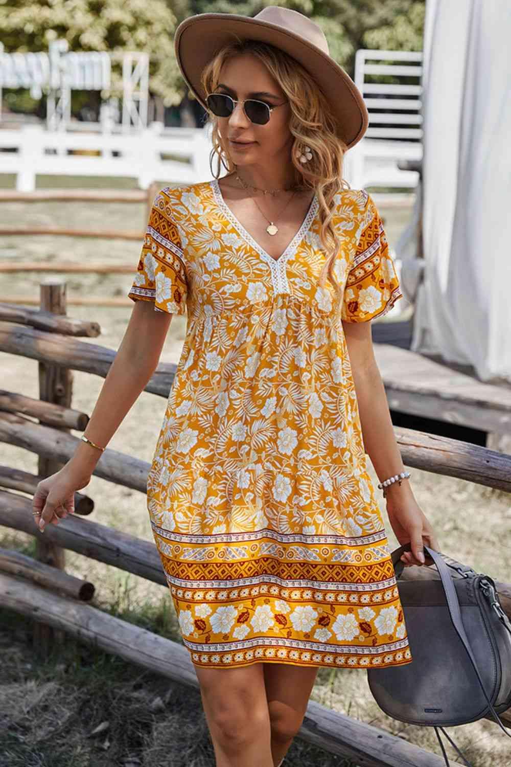 Bohemian V-Neck Short Sleeve Dress - Immenzive