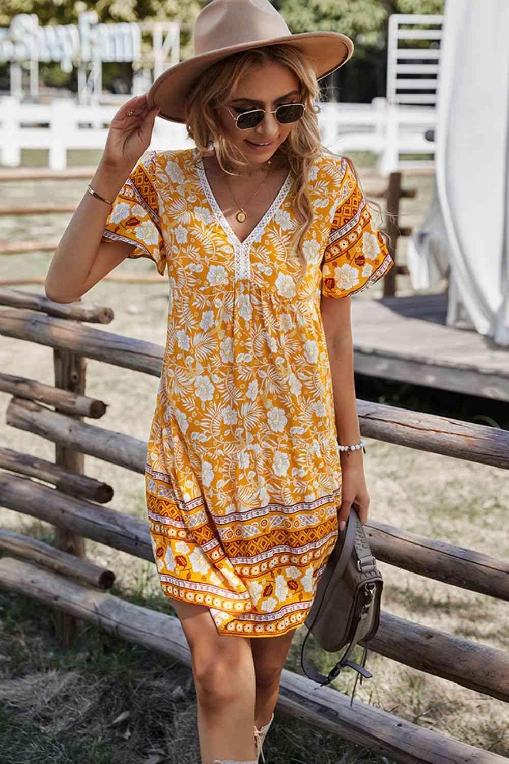 Bohemian V-Neck Short Sleeve Dress - Immenzive