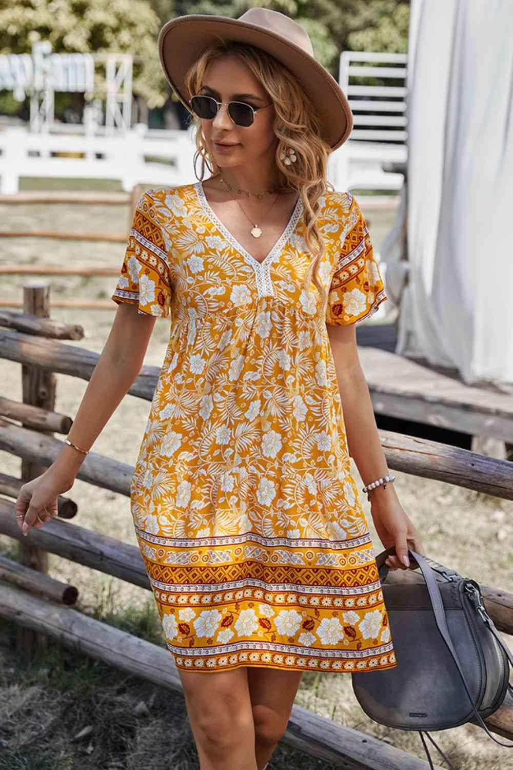 Bohemian V-Neck Short Sleeve Dress - Immenzive