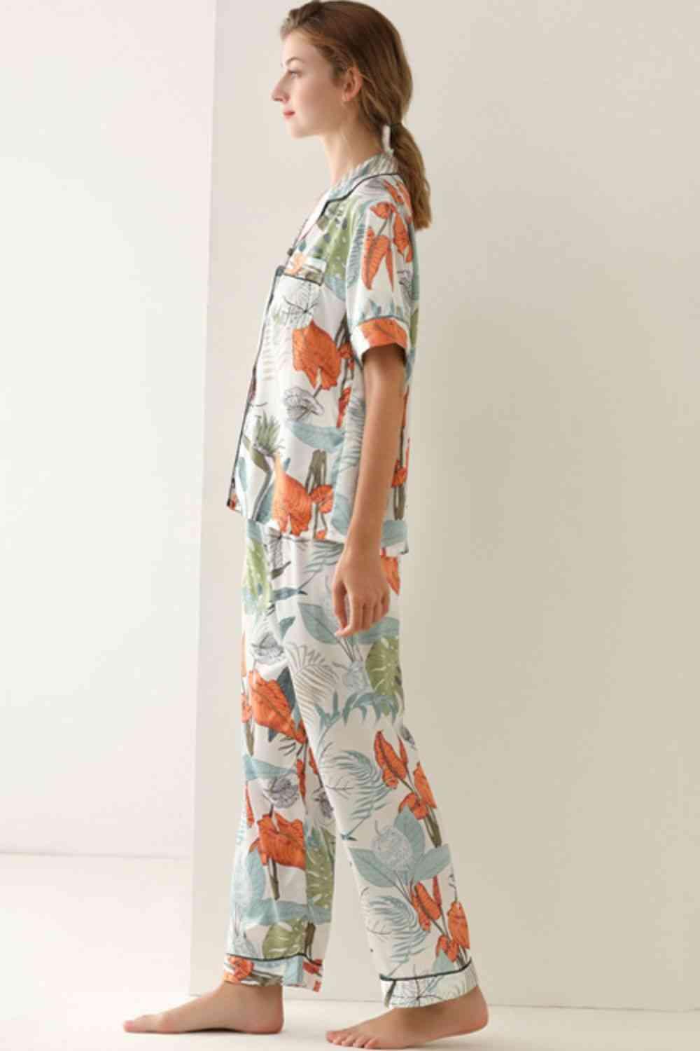 Botanical Print Button-Up Top and Pants Pajama Set - Immenzive
