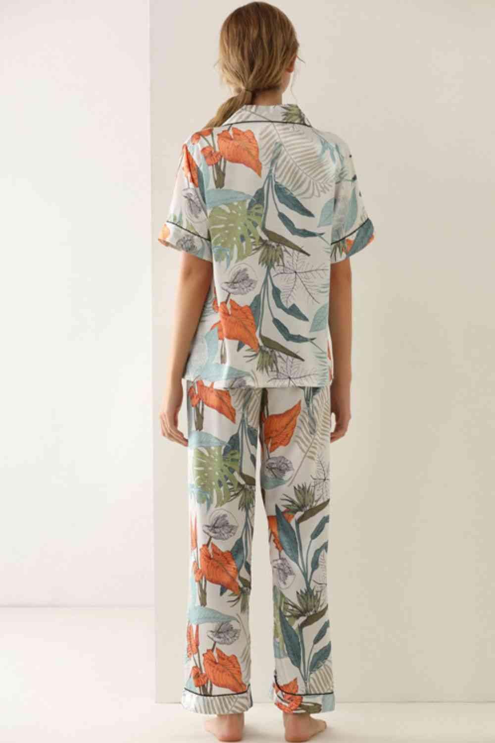 Botanical Print Button-Up Top and Pants Pajama Set - Immenzive