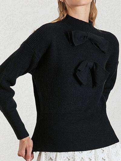 Bow Mock Neck Lantern Sleeve Sweater - Immenzive