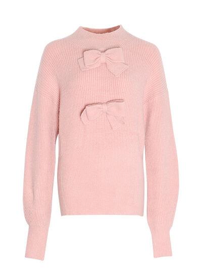 Bow Mock Neck Lantern Sleeve Sweater - Immenzive