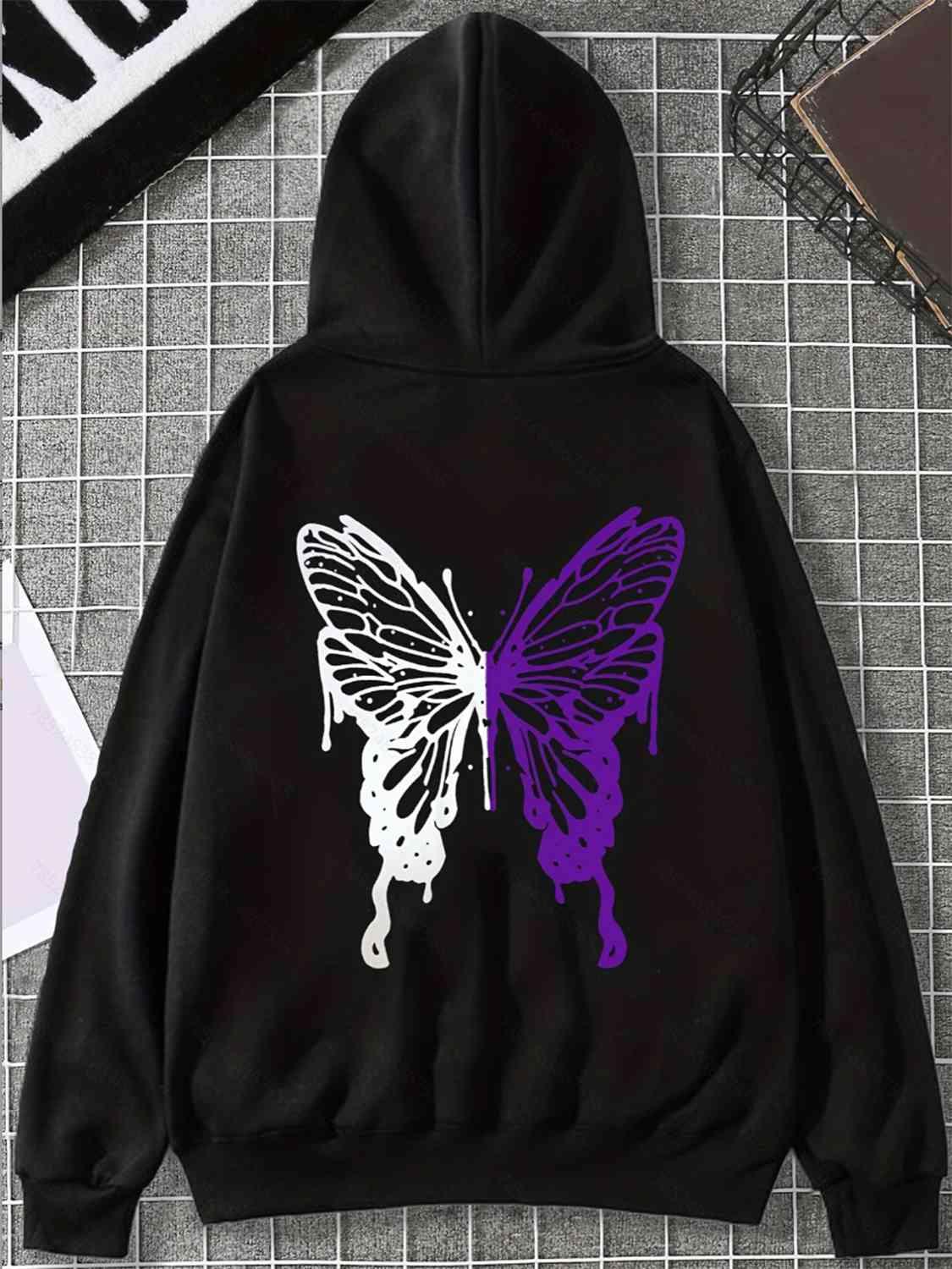 Butterfly Graphic Drawstring Hoodie with Pocket - Immenzive