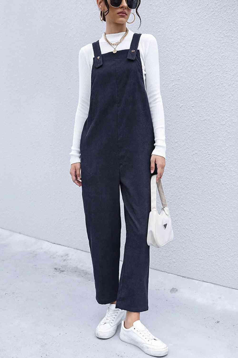 Button Detail Corduroy Overalls with Side Pockets - Immenzive