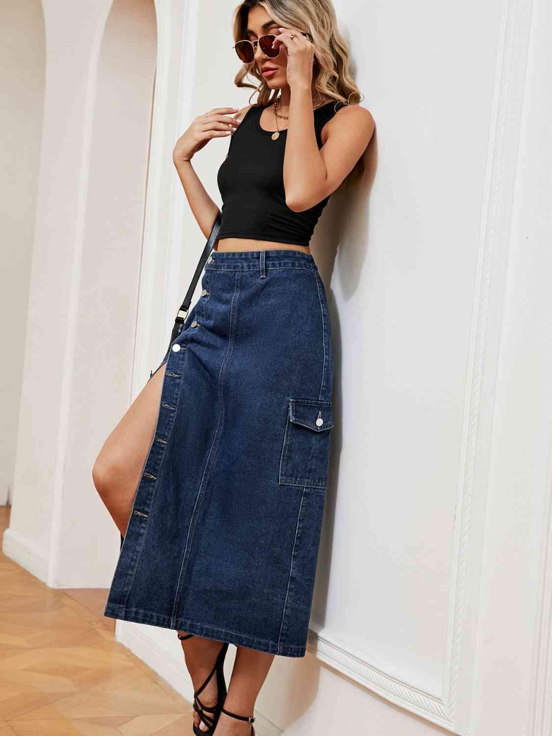 Button Down Denim Skirt - Immenzive