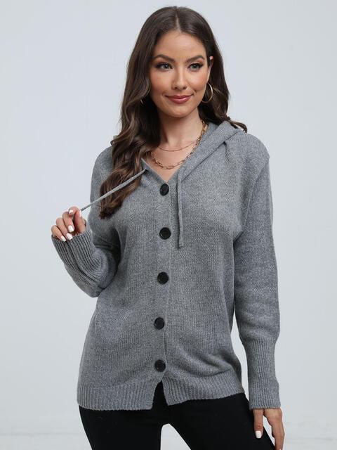 Button Down Drawstring Hooded Cardigan - Immenzive