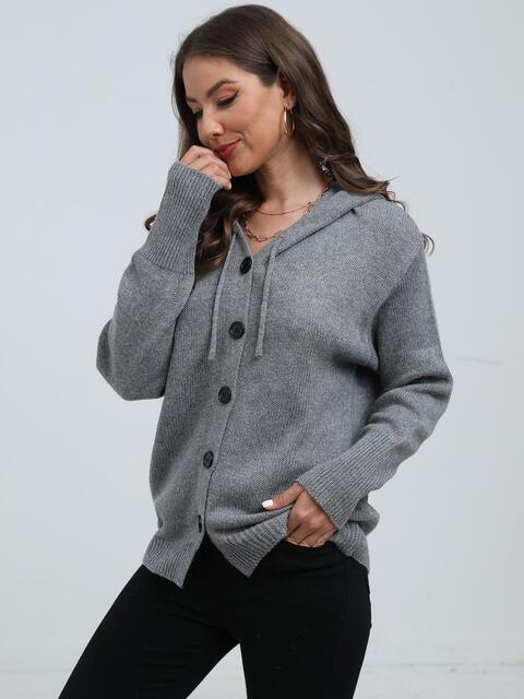 Button Down Drawstring Hooded Cardigan - Immenzive