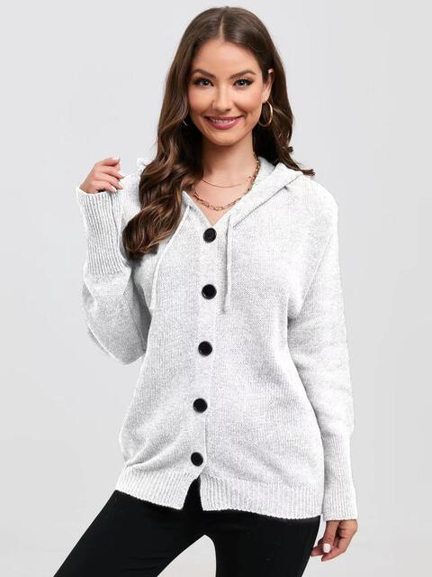 Button Down Drawstring Hooded Cardigan - Immenzive