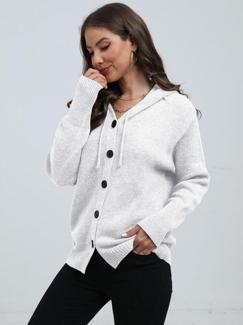 Button Down Drawstring Hooded Cardigan - Immenzive