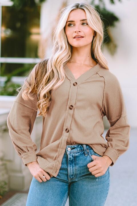 Button Down V-Neck Waffle Knit Shirt - Immenzive