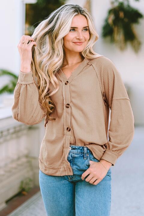 Button Down V-Neck Waffle Knit Shirt - Immenzive
