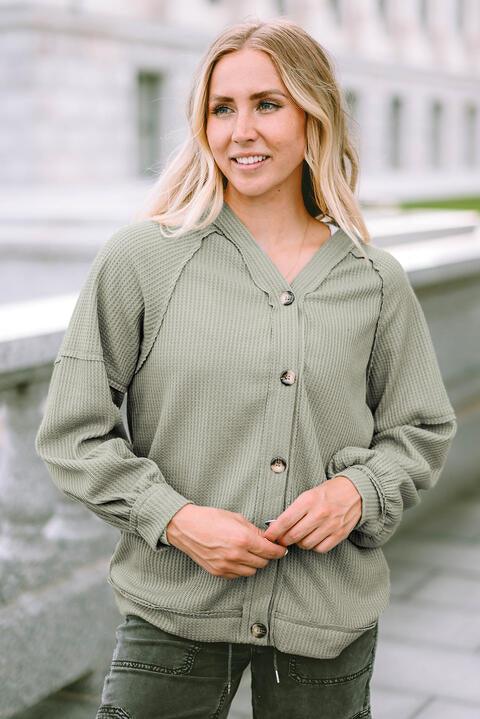 Button Down V-Neck Waffle Knit Shirt - Immenzive