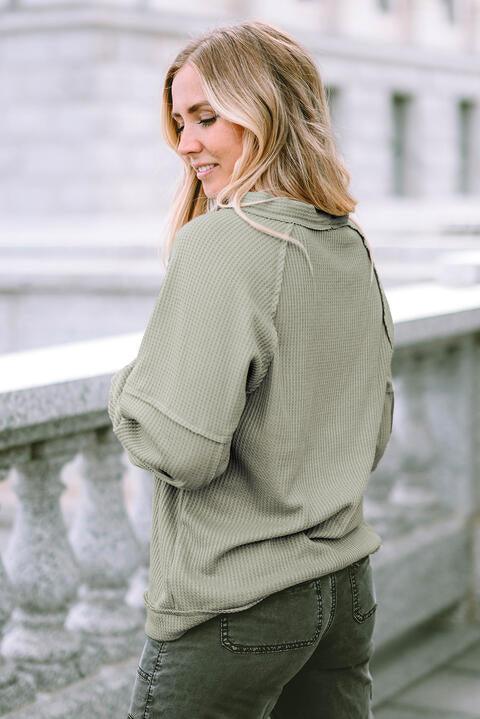 Button Down V-Neck Waffle Knit Shirt - Immenzive
