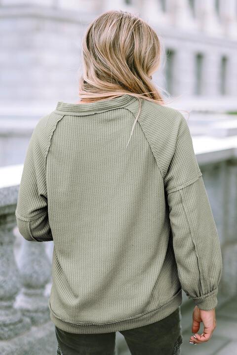 Button Down V-Neck Waffle Knit Shirt - Immenzive