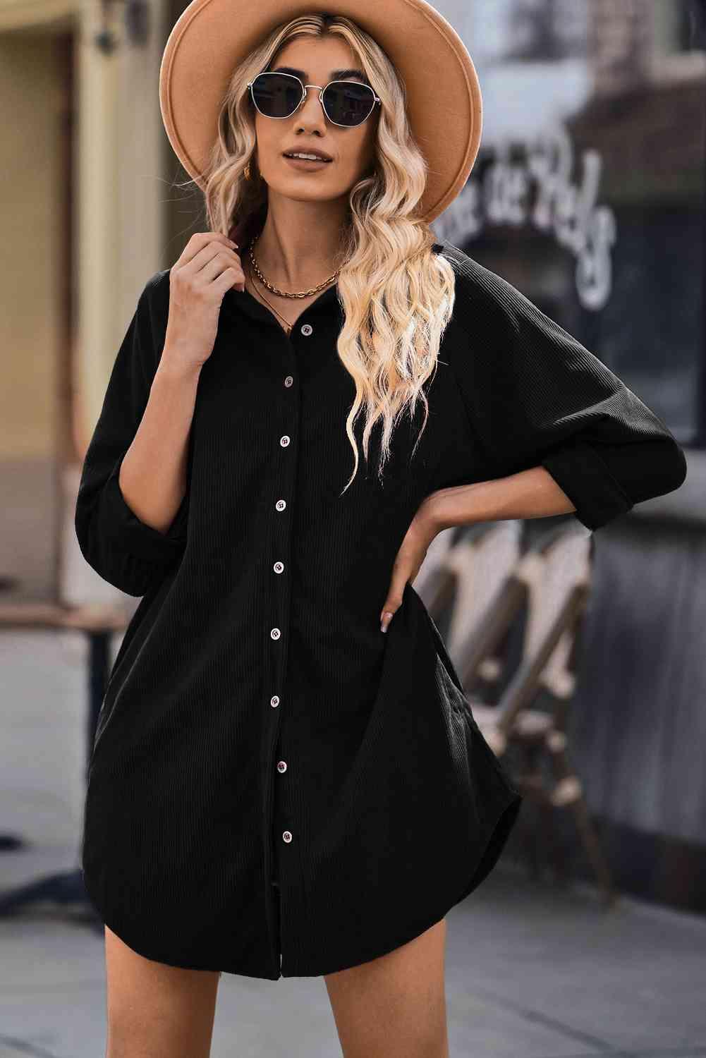 Button Front Curved Hem Raglan Sleeve Shirt Dress - Immenzive