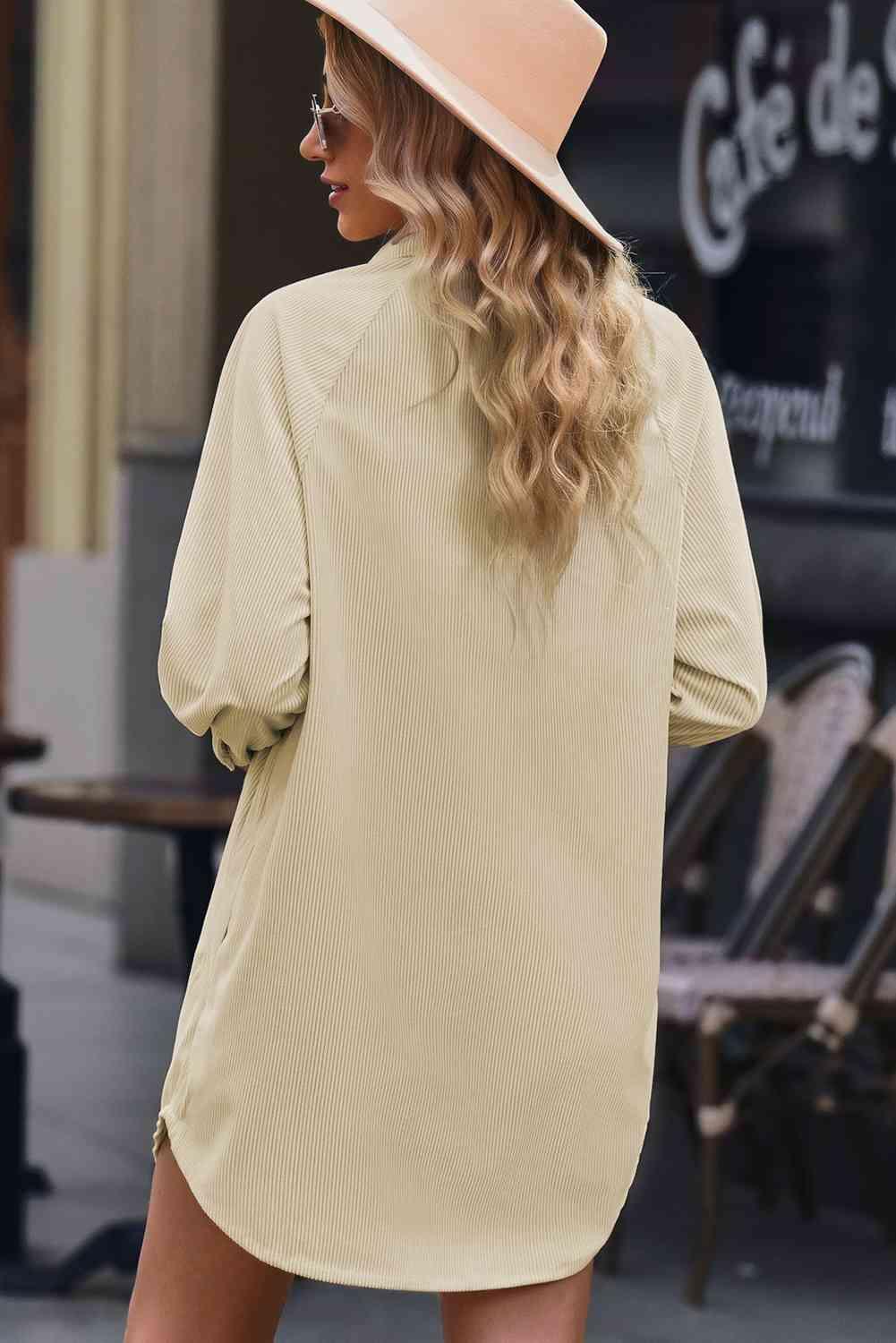 Button Front Curved Hem Raglan Sleeve Shirt Dress - Immenzive