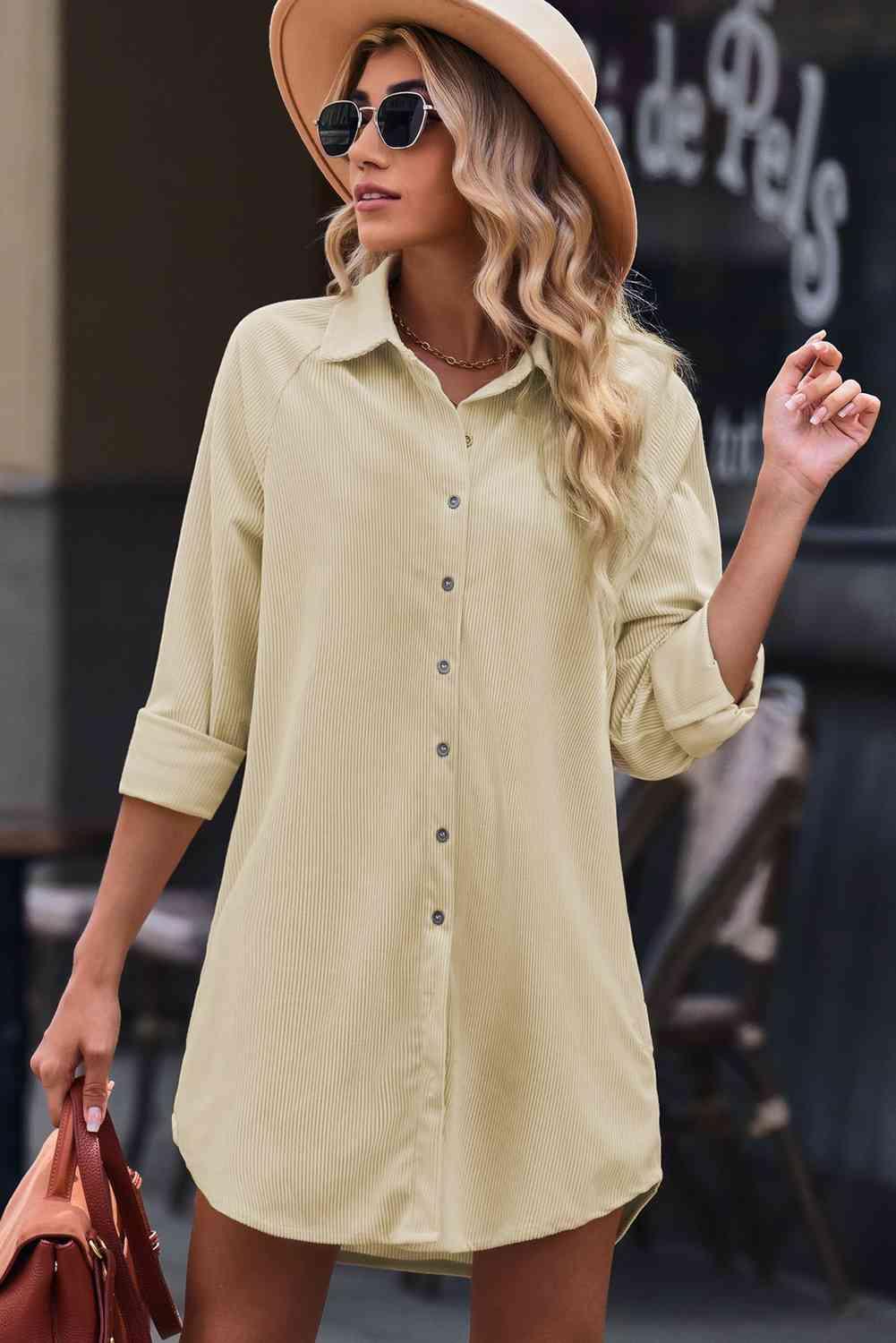 Button Front Curved Hem Raglan Sleeve Shirt Dress - Immenzive