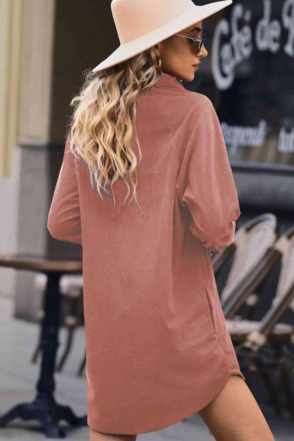 Button Front Curved Hem Raglan Sleeve Shirt Dress - Immenzive