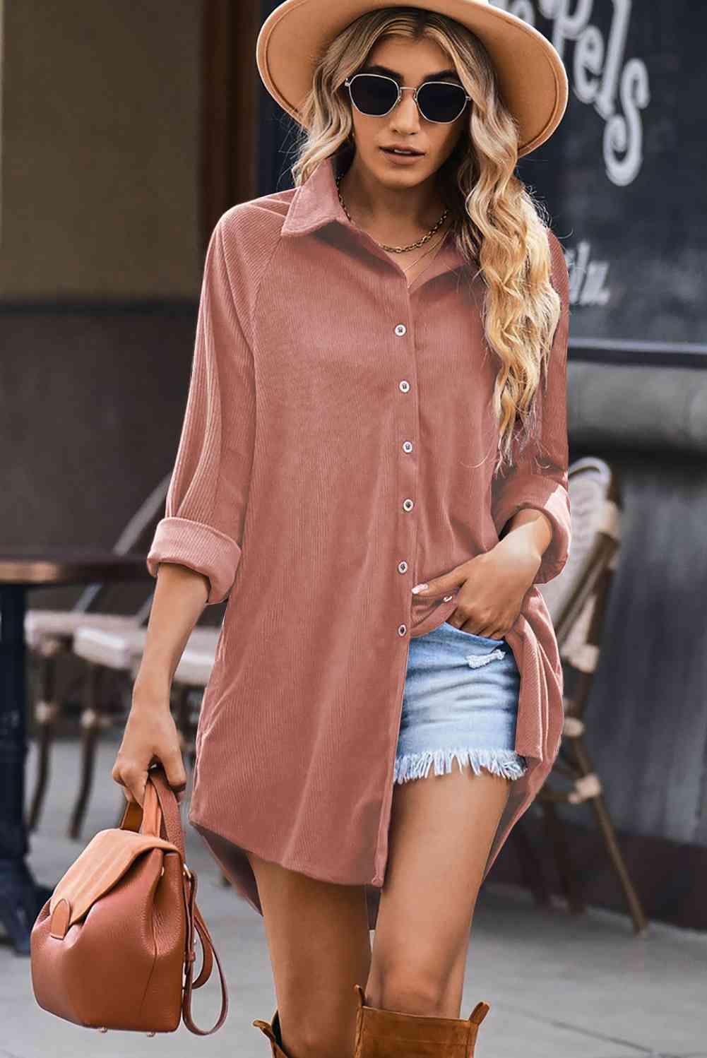 Button Front Curved Hem Raglan Sleeve Shirt Dress - Immenzive