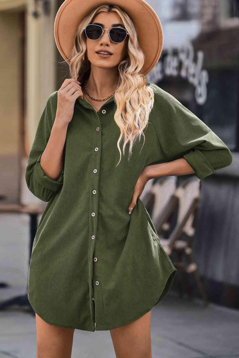 Button Front Curved Hem Raglan Sleeve Shirt Dress - Immenzive