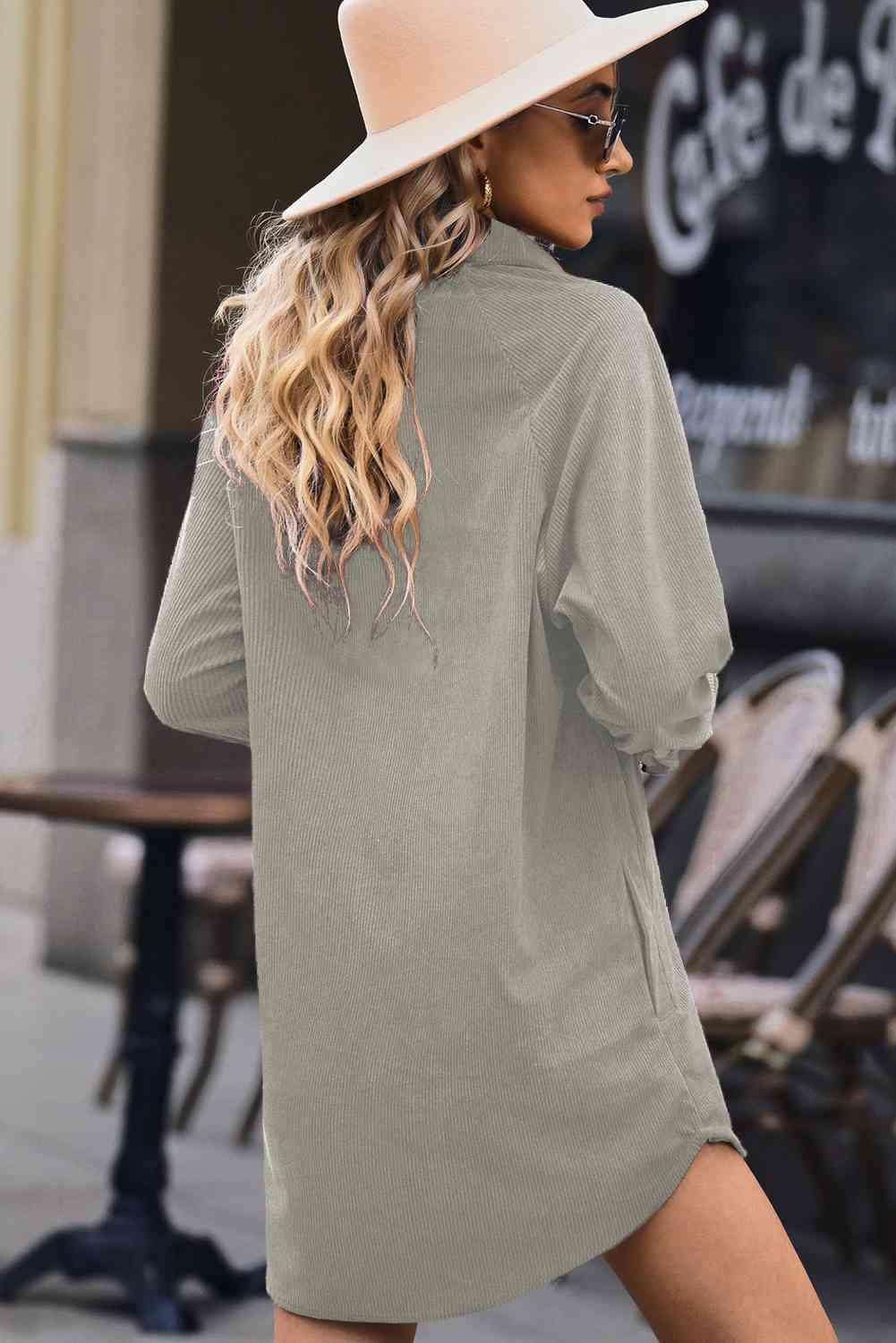 Button Front Curved Hem Raglan Sleeve Shirt Dress - Immenzive