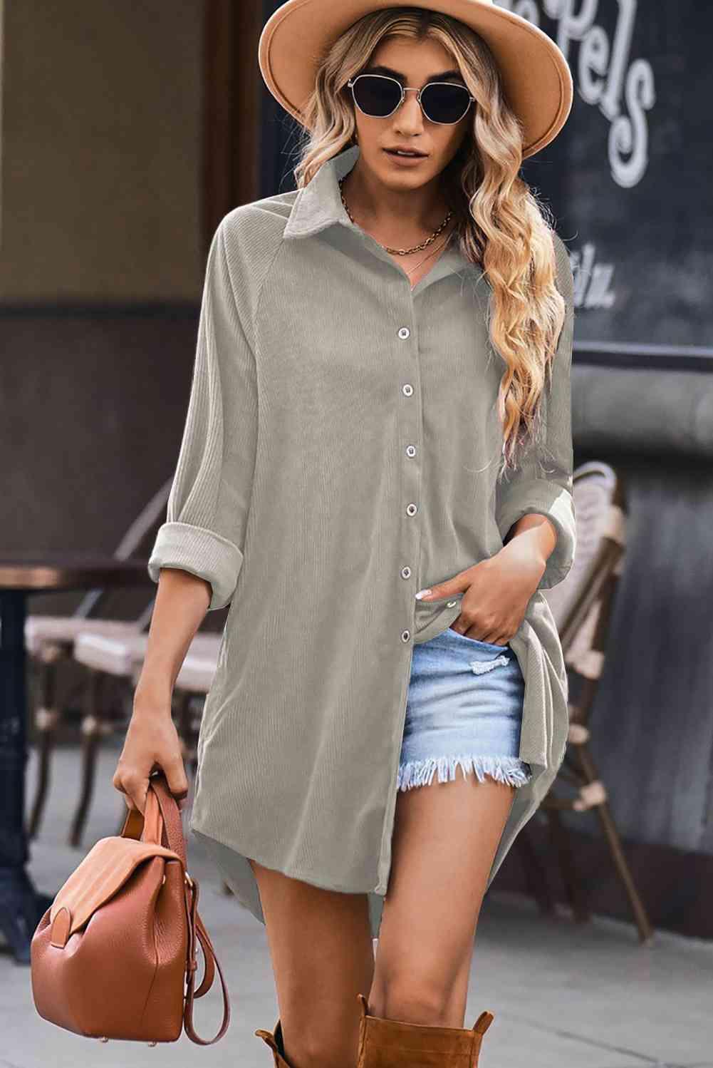 Button Front Curved Hem Raglan Sleeve Shirt Dress - Immenzive