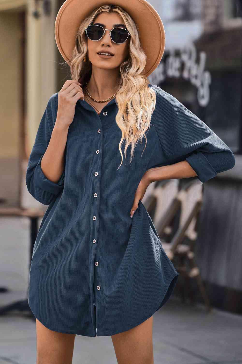 Button Front Curved Hem Raglan Sleeve Shirt Dress - Immenzive