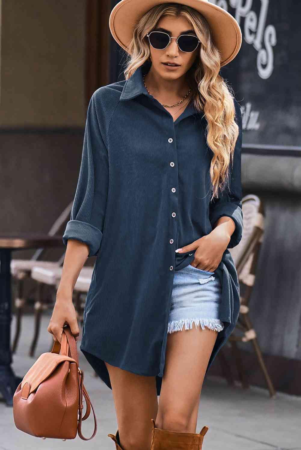 Button Front Curved Hem Raglan Sleeve Shirt Dress - Immenzive