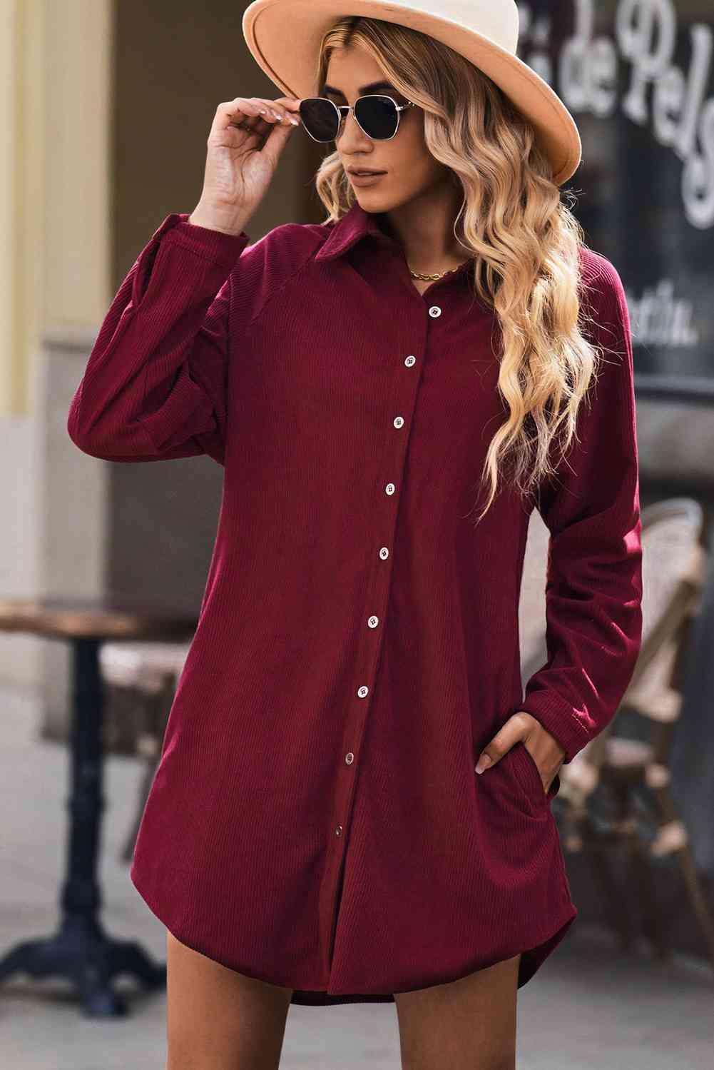 Button Front Curved Hem Raglan Sleeve Shirt Dress - Immenzive