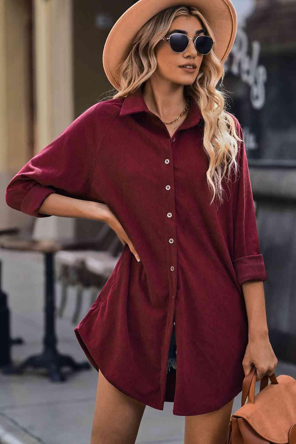 Button Front Curved Hem Raglan Sleeve Shirt Dress - Immenzive