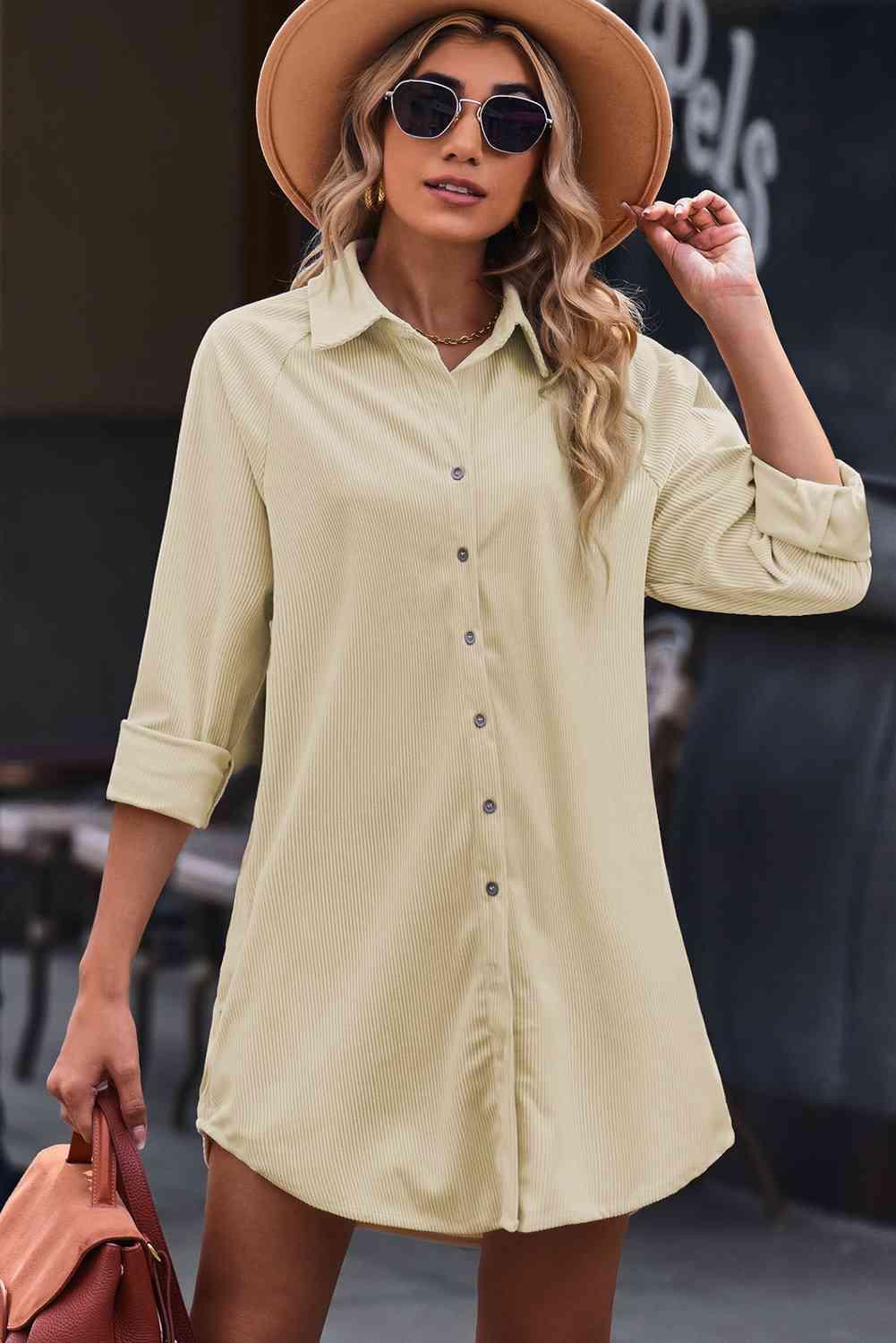 Button Front Curved Hem Raglan Sleeve Shirt Dress - Immenzive