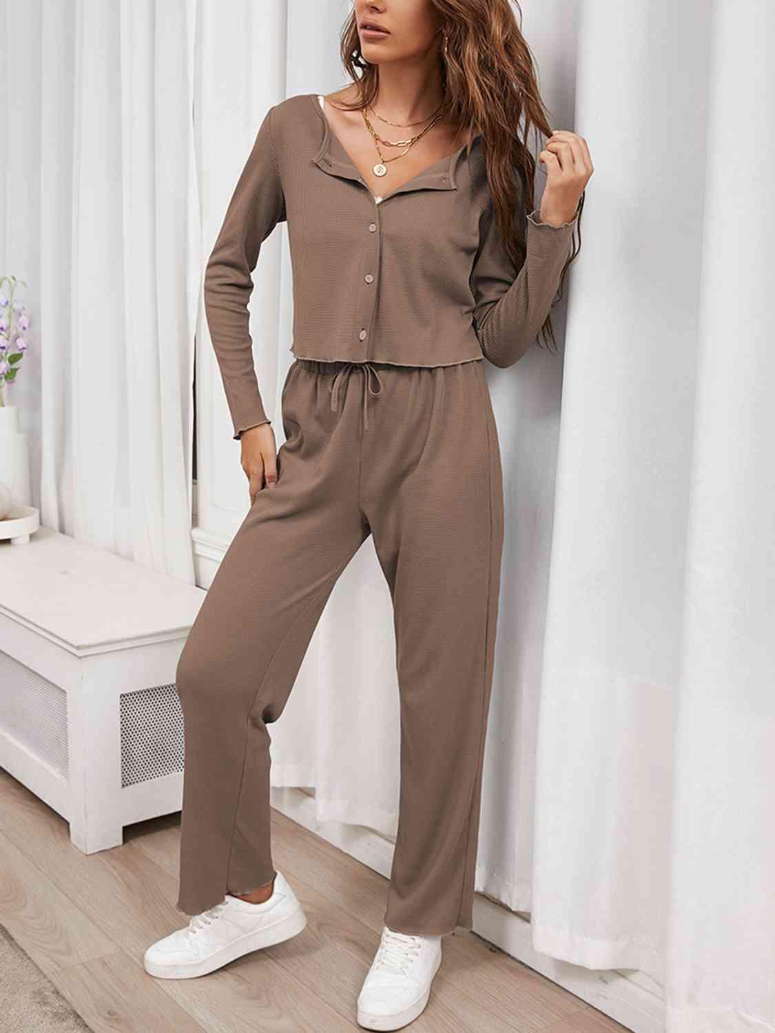 Button Front Long Sleeve Top and Pants Lounge Set - Immenzive