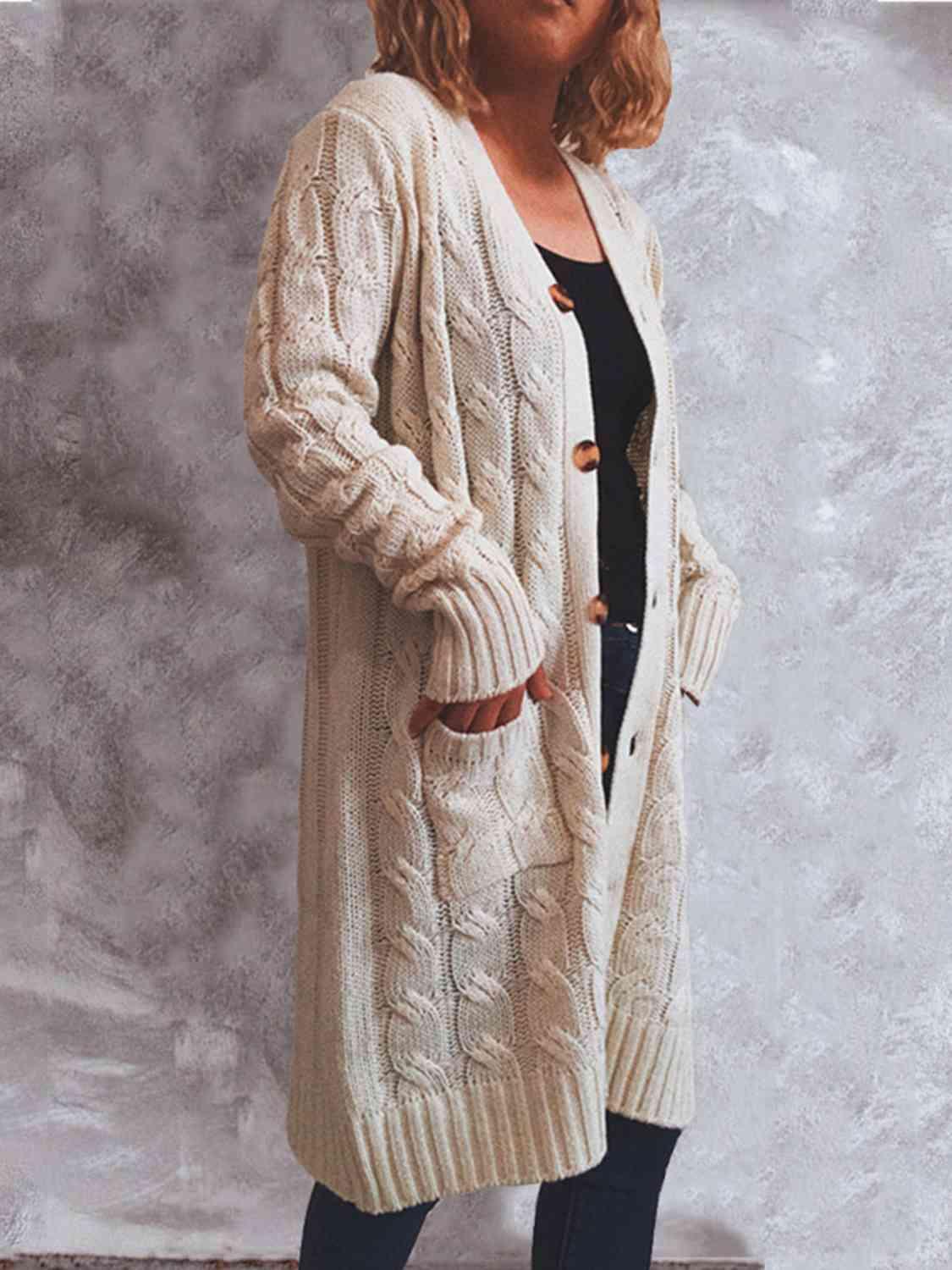 Button Up Cable-Knit Cardigan with Pockets - Immenzive