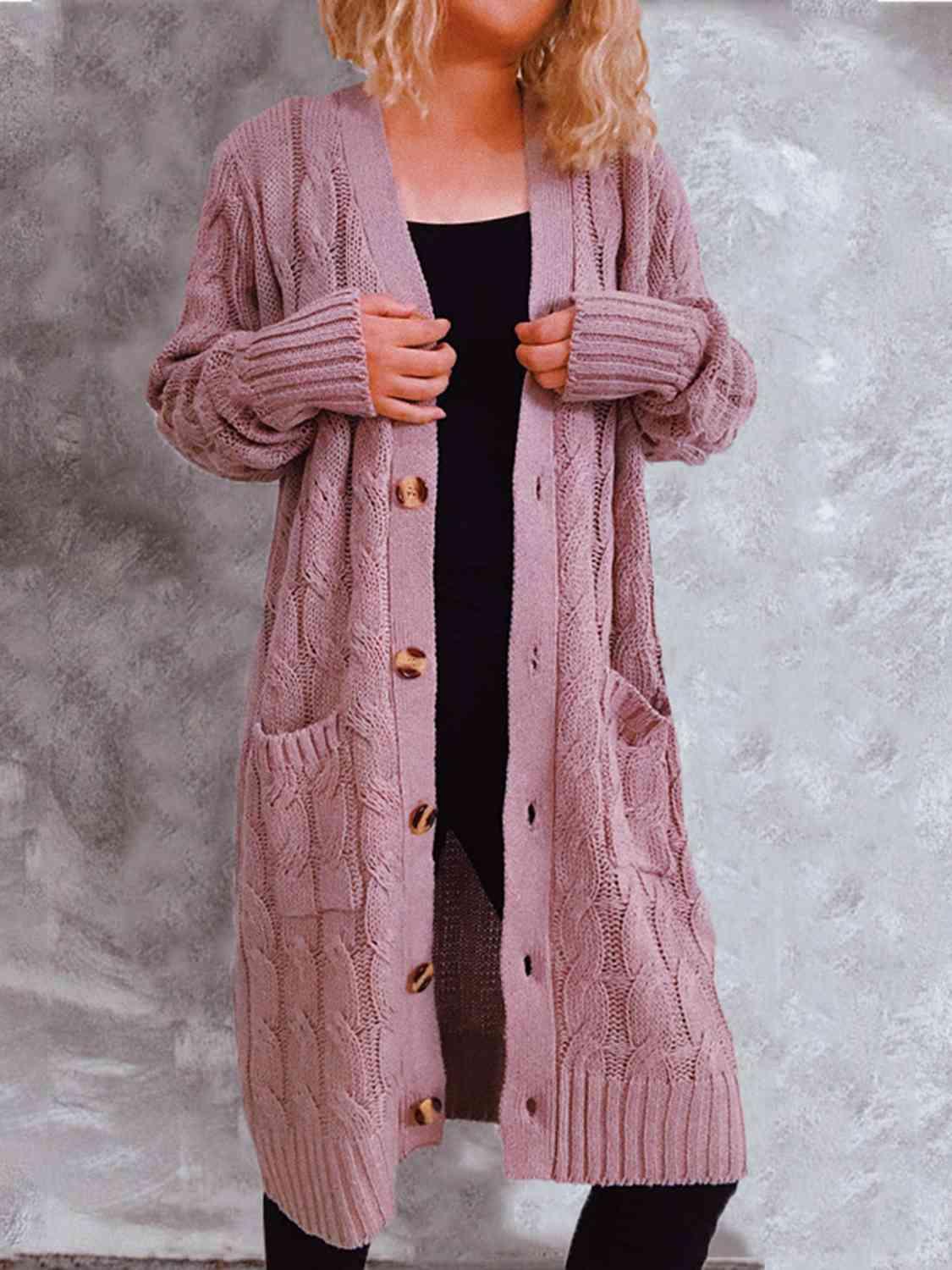 Button Up Cable-Knit Cardigan with Pockets - Immenzive