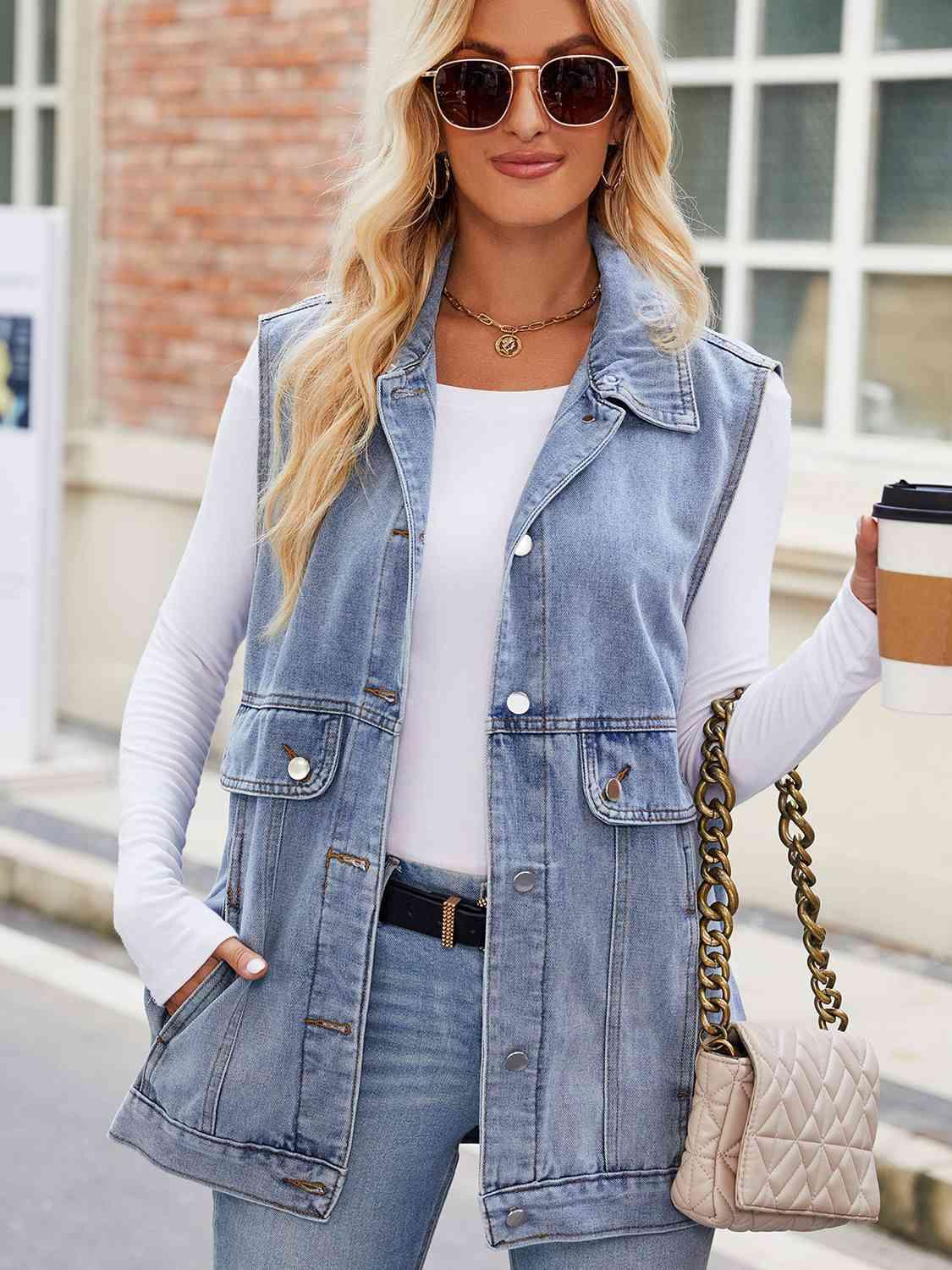 Button Up Collared Neck Denim Jacket with Pockets - Immenzive