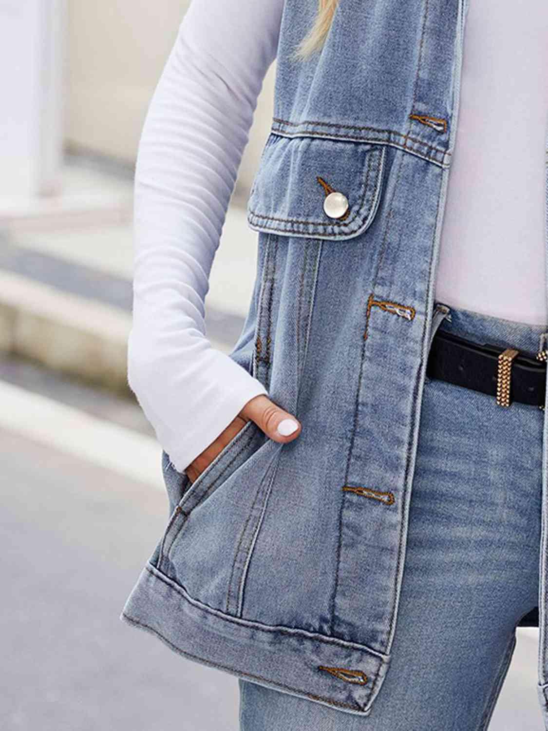 Button Up Collared Neck Denim Jacket with Pockets - Immenzive