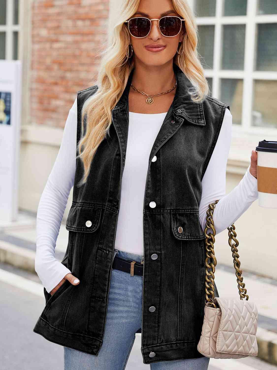 Button Up Collared Neck Denim Jacket with Pockets - Immenzive