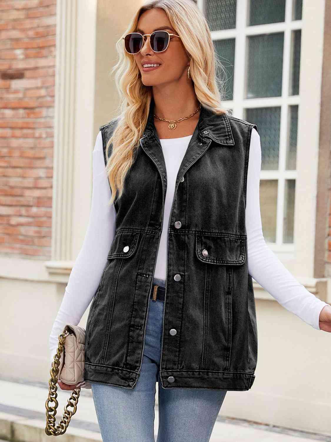 Button Up Collared Neck Denim Jacket with Pockets - Immenzive