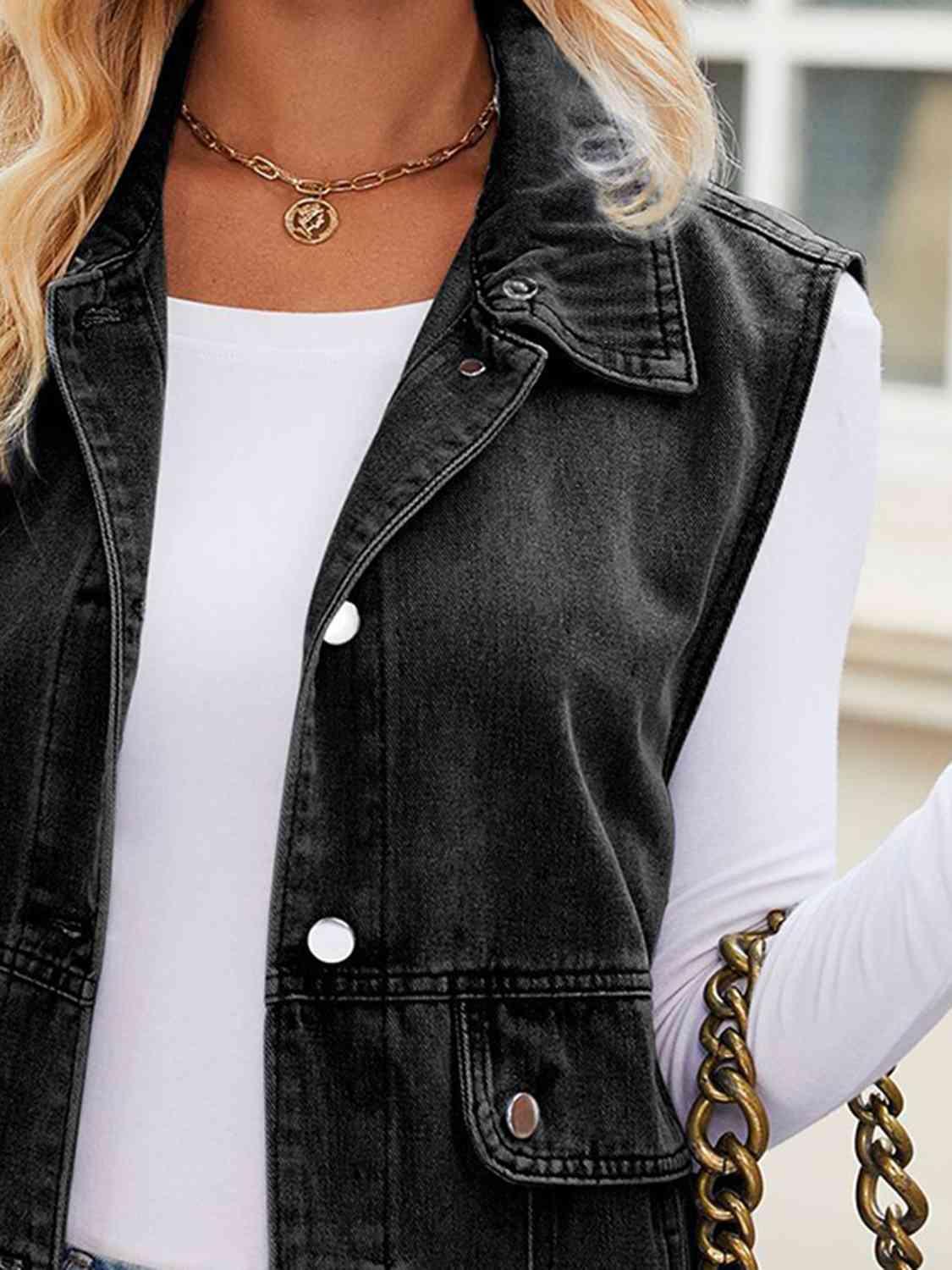 Button Up Collared Neck Denim Jacket with Pockets - Immenzive