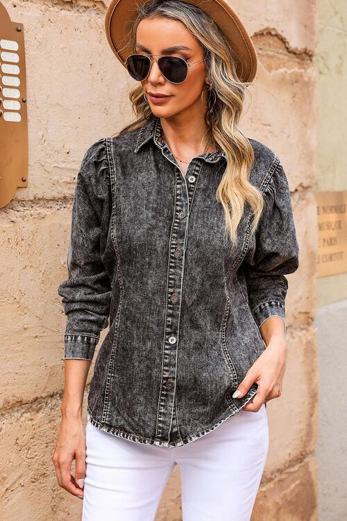 Button Up Collared Neck Denim Top - Immenzive