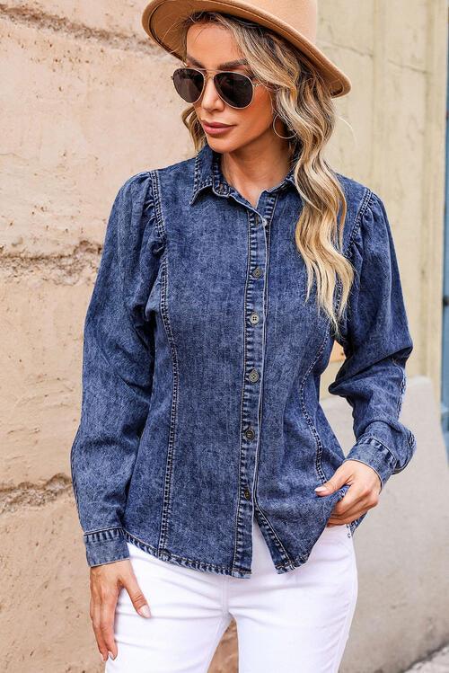 Button Up Collared Neck Denim Top - Immenzive