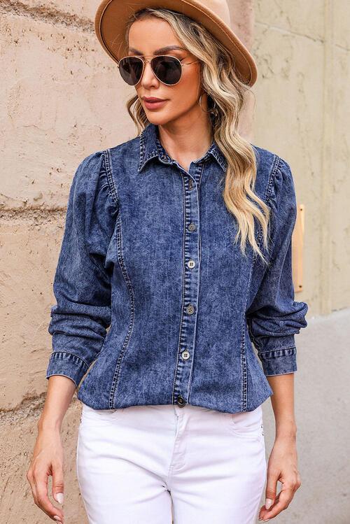 Button Up Collared Neck Denim Top - Immenzive