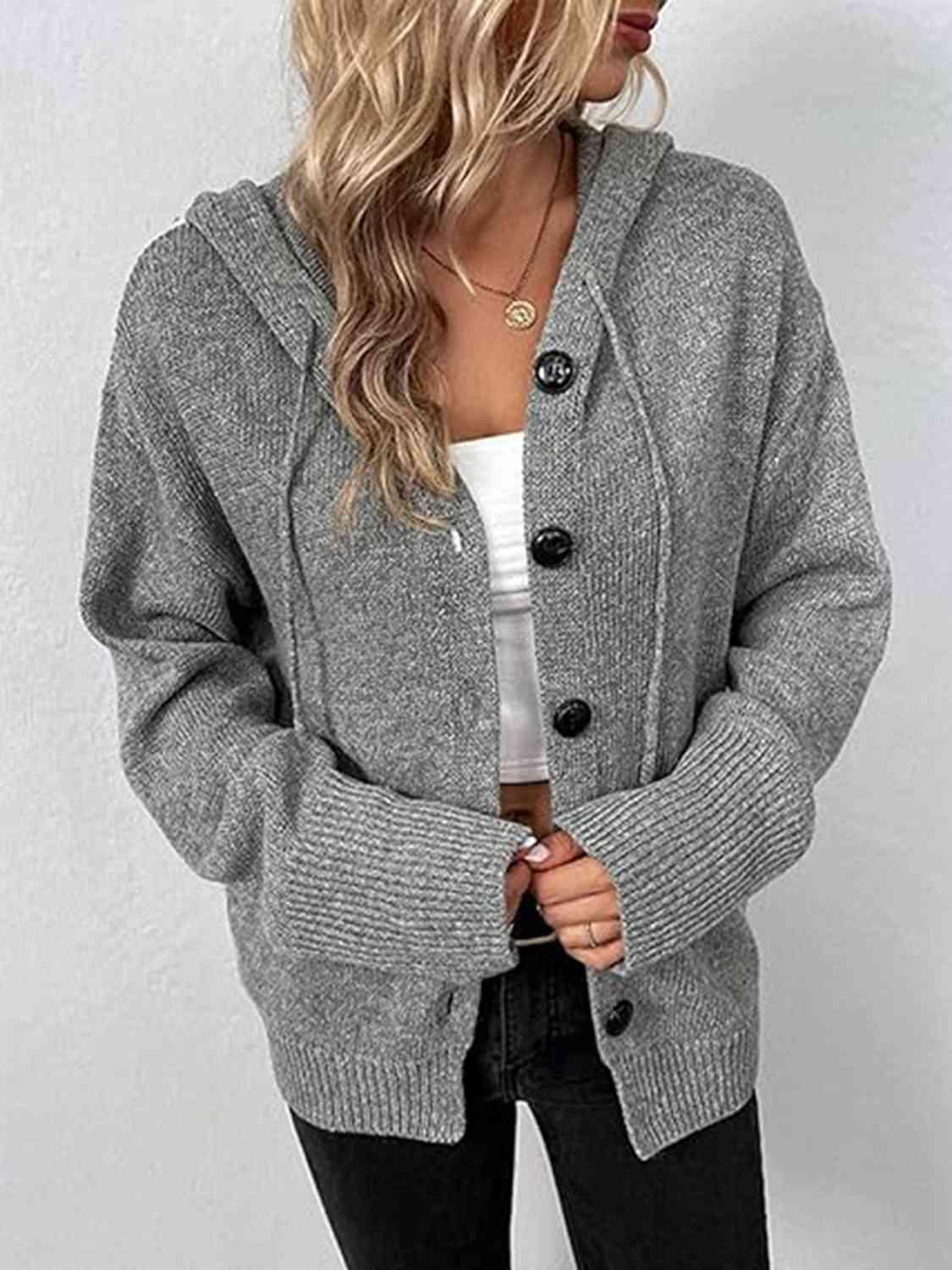 Button Up Drawstring Long Sleeve Hooded Cardigan - Immenzive