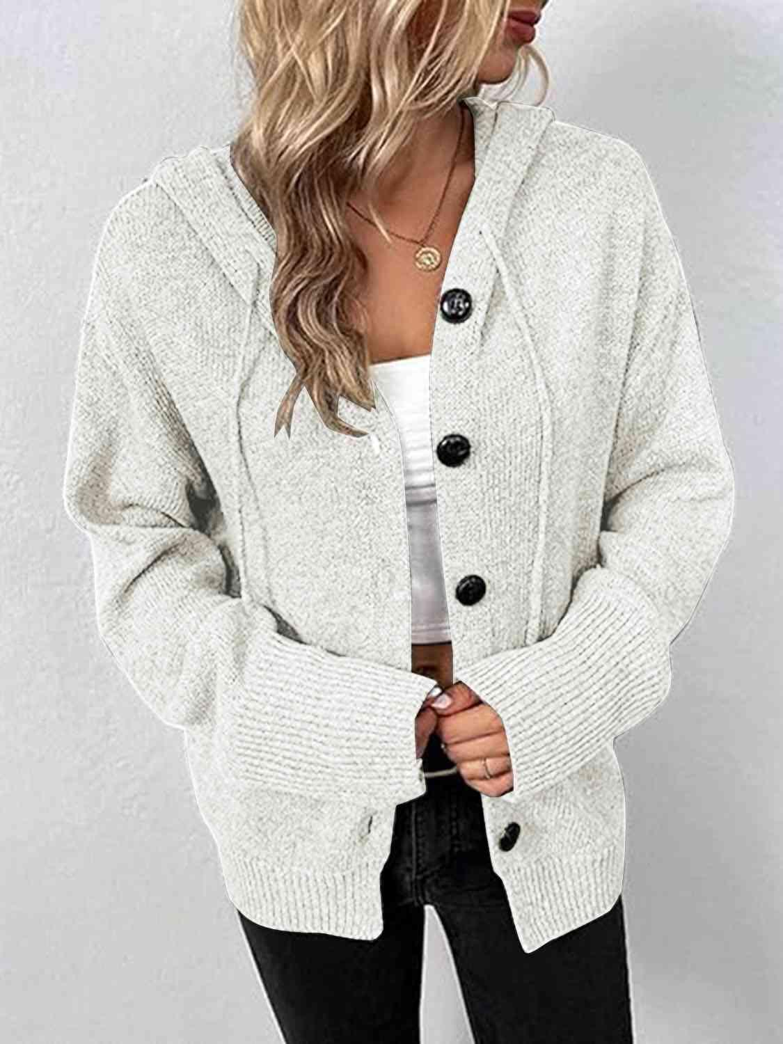 Button Up Drawstring Long Sleeve Hooded Cardigan - Immenzive