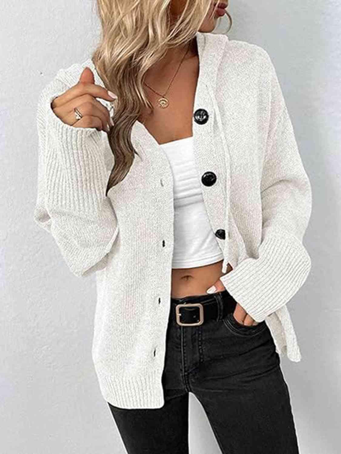 Button Up Drawstring Long Sleeve Hooded Cardigan - Immenzive