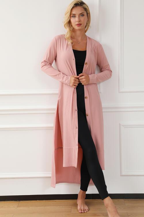 Button Up High-Low Long Sleeve Slit Cardigan - Immenzive