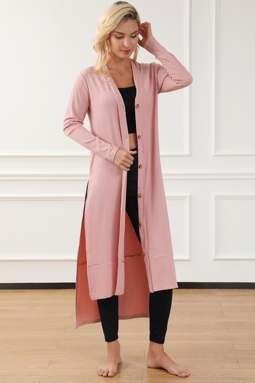 Button Up High-Low Long Sleeve Slit Cardigan - Immenzive