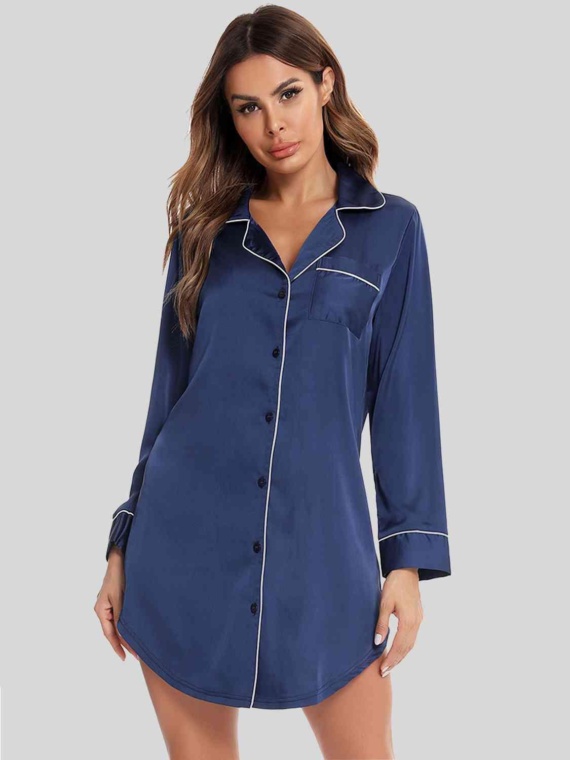Button Up Lapel Collar Night Dress with Pocket - Immenzive